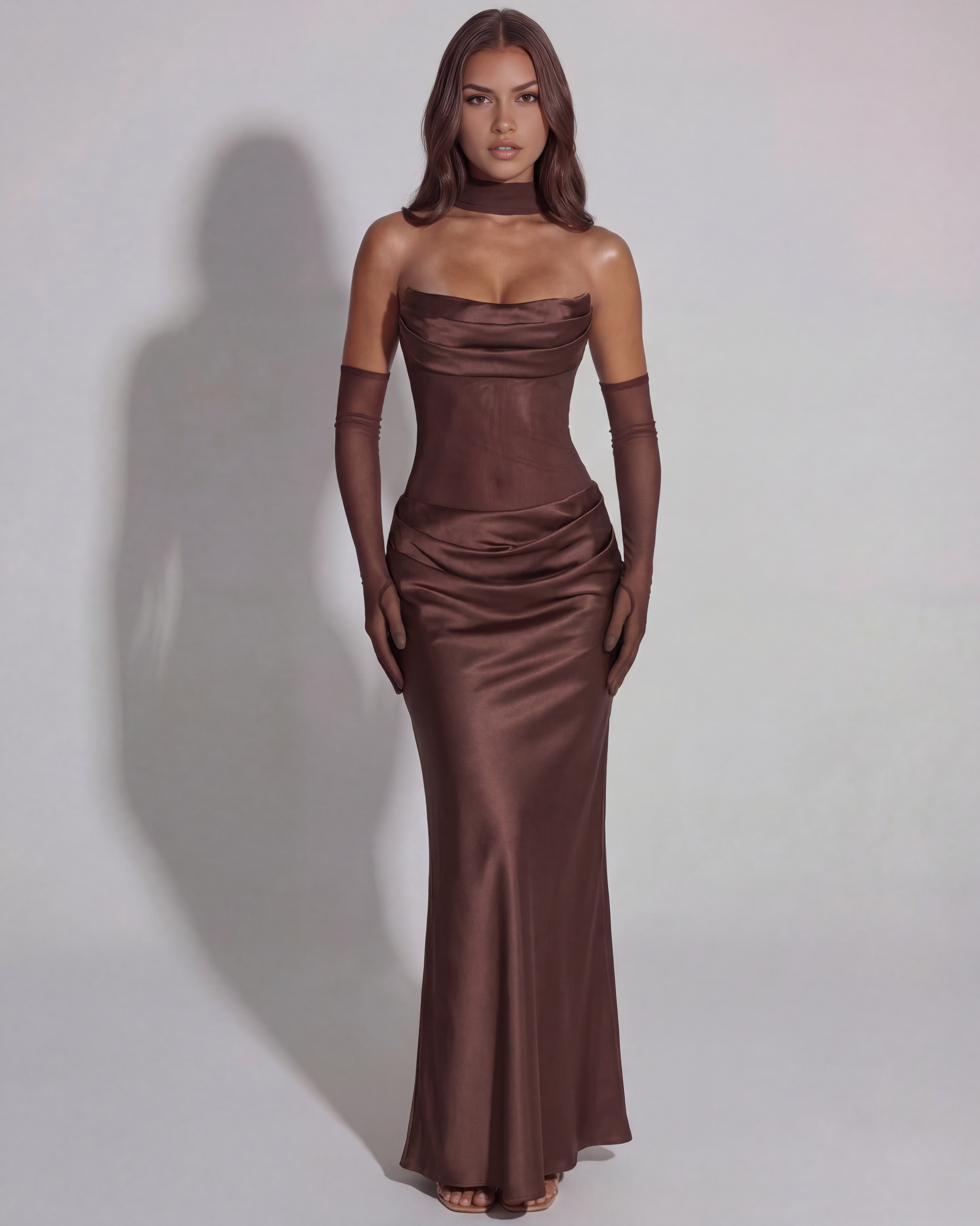 Odessa | Women's Rich Brown Strapless Cowl Maxi Dress