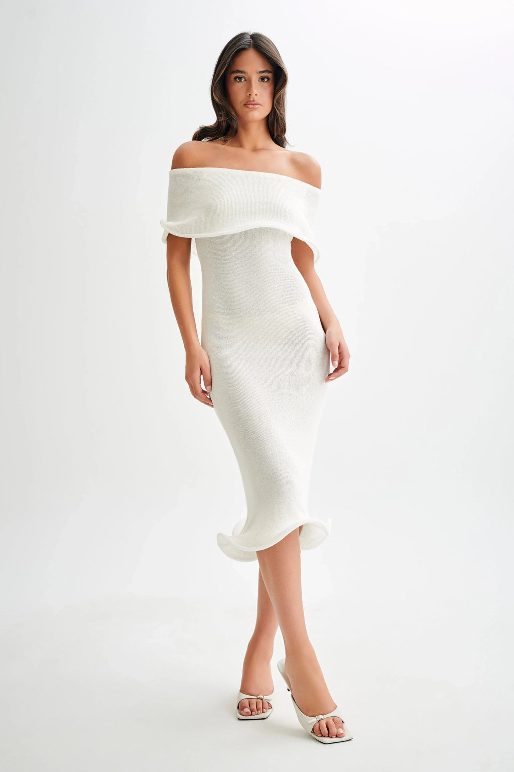Melania | Women's Off-The-Shoulder Sculptural Ruffle Midi Dress