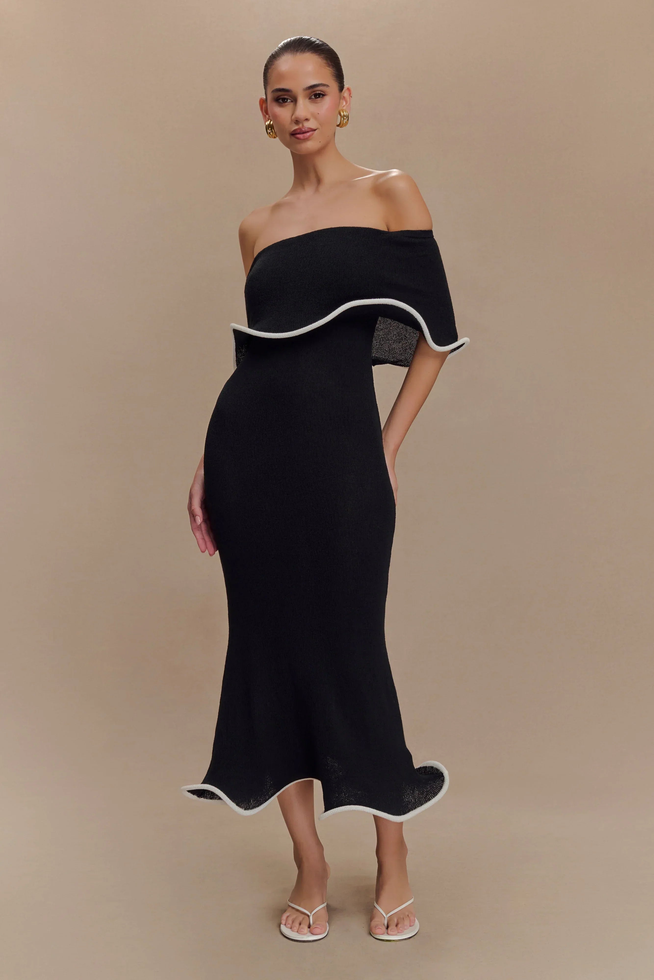 Melania | Women's Off-The-Shoulder Sculptural Ruffle Midi Dress
