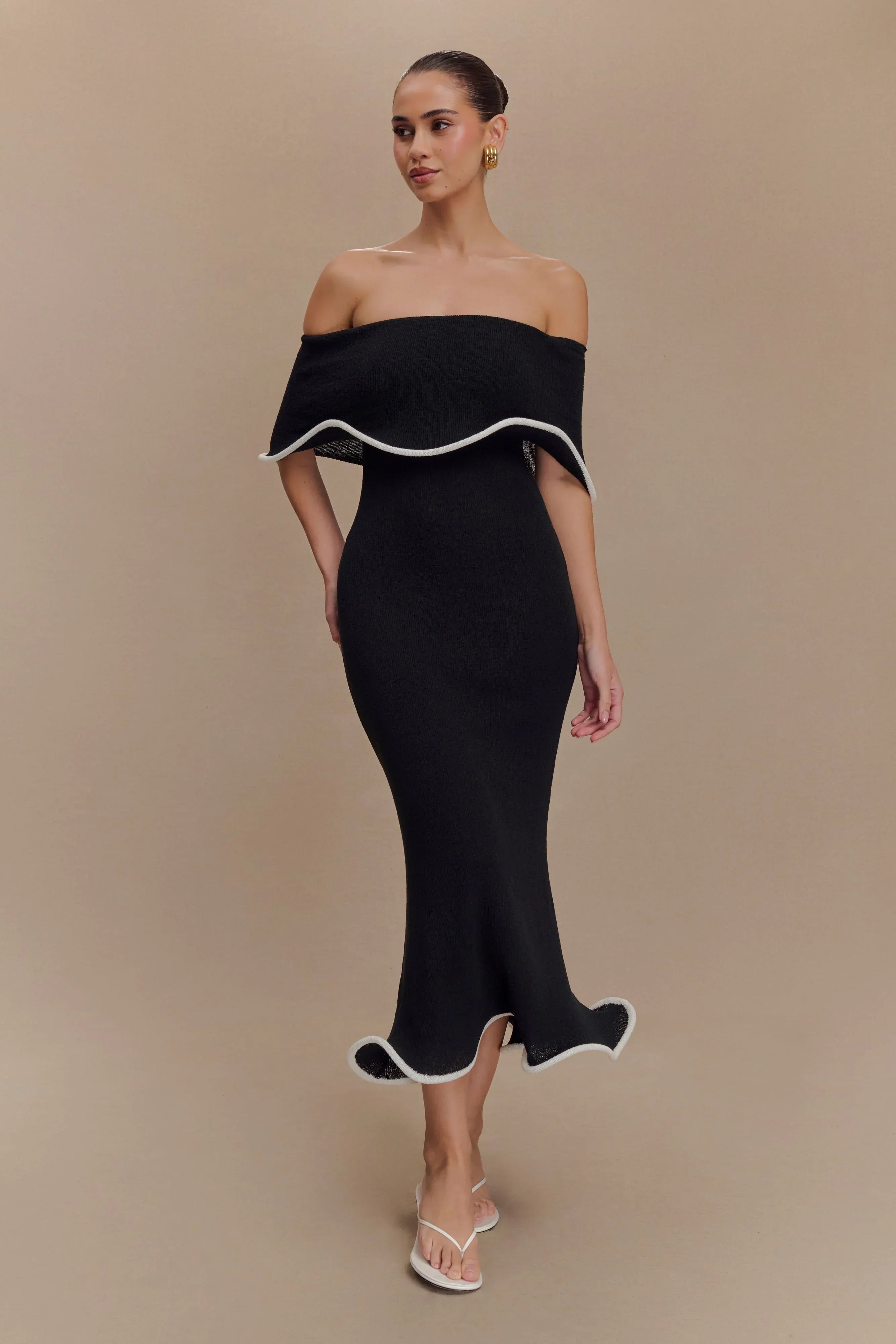 Melania | Women's Off-The-Shoulder Sculptural Ruffle Midi Dress
