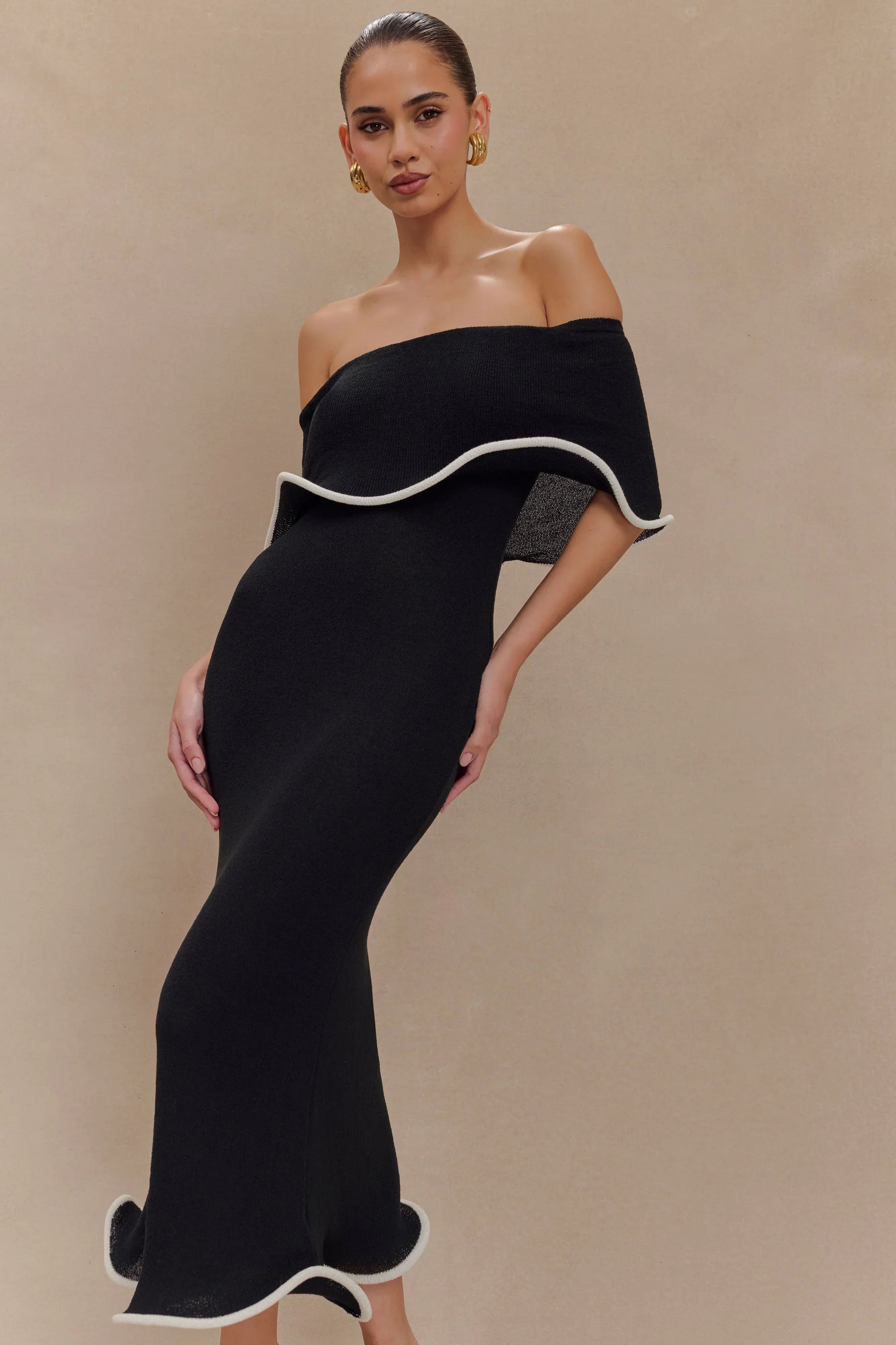 Melania | Women's Off-The-Shoulder Sculptural Ruffle Midi Dress