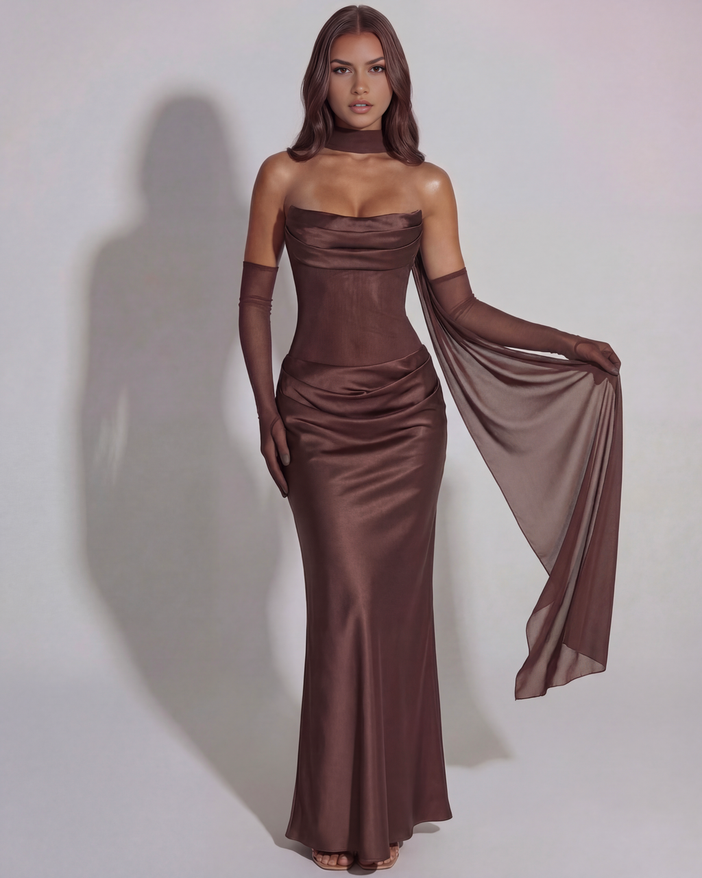 Odessa | Women's Rich Brown Strapless Cowl Maxi Dress