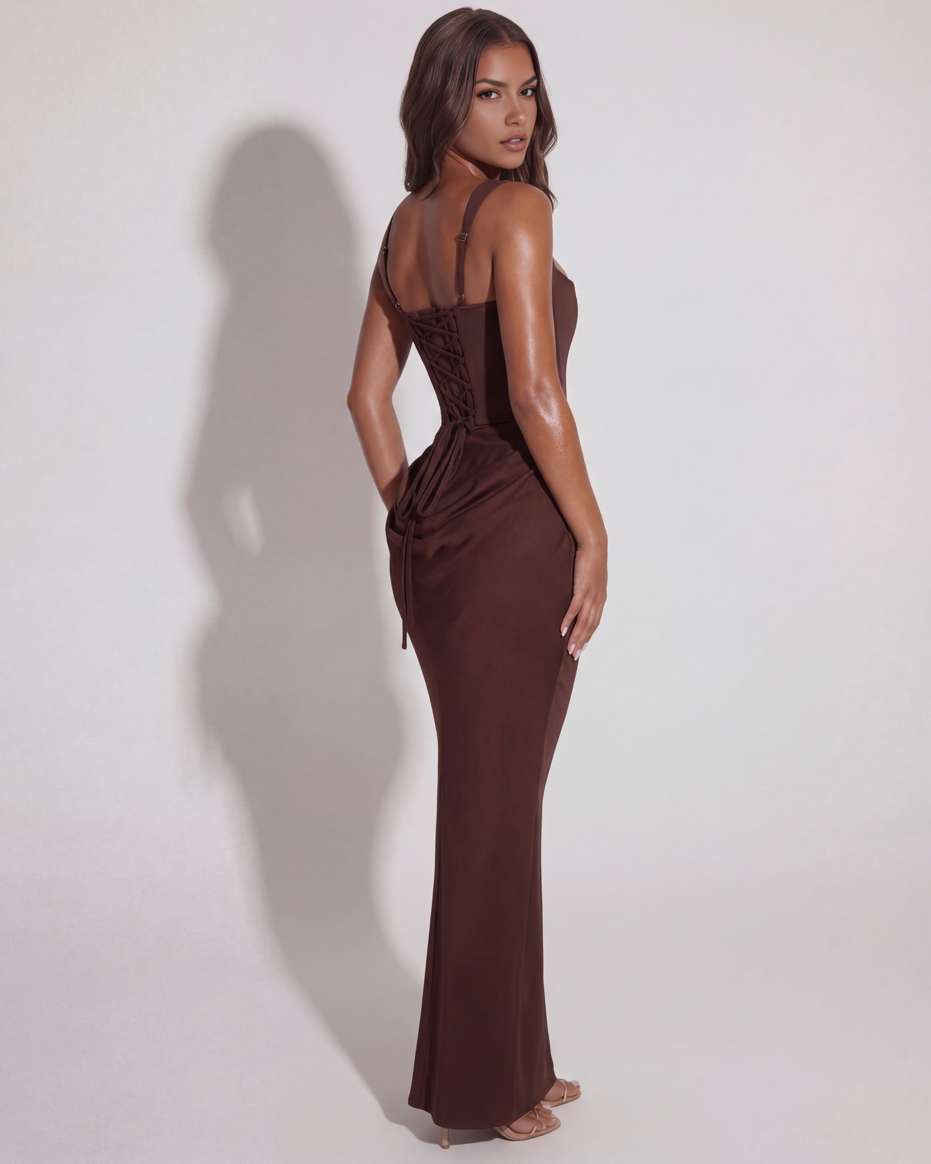 Annabelle | Women's Lace-Up Straight-Neckline Structural Maxi Gown