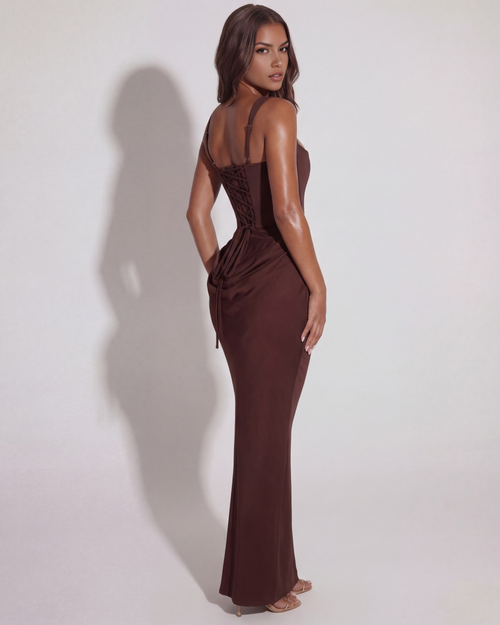 Annabelle | Women's Lace-Up Straight-Neckline Structural Maxi Gown