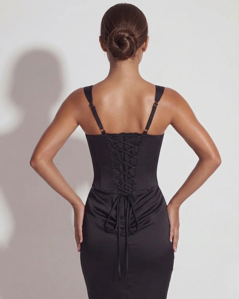 Chantal | Women's Custom-Fit Lace-Up Black Maxi Dress