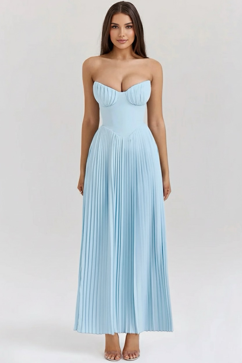 Tress | Women's Structured Pleated Strapless Maxi Dress