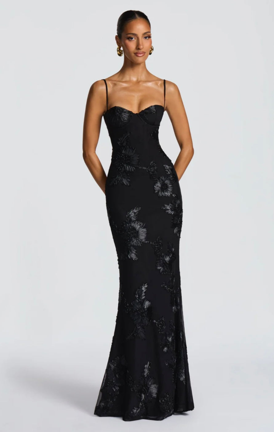 Soraya | Women's Floral Ribbon Mesh Maxi Gown