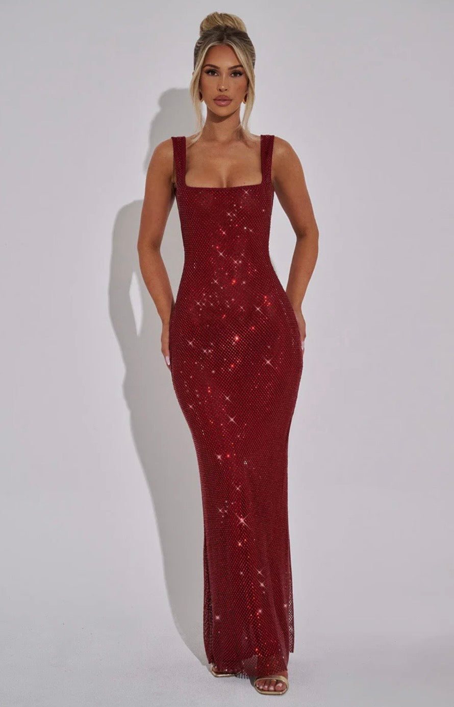 Olivia | Women's Square-Neck Crystal Mesh Embellished Maxi