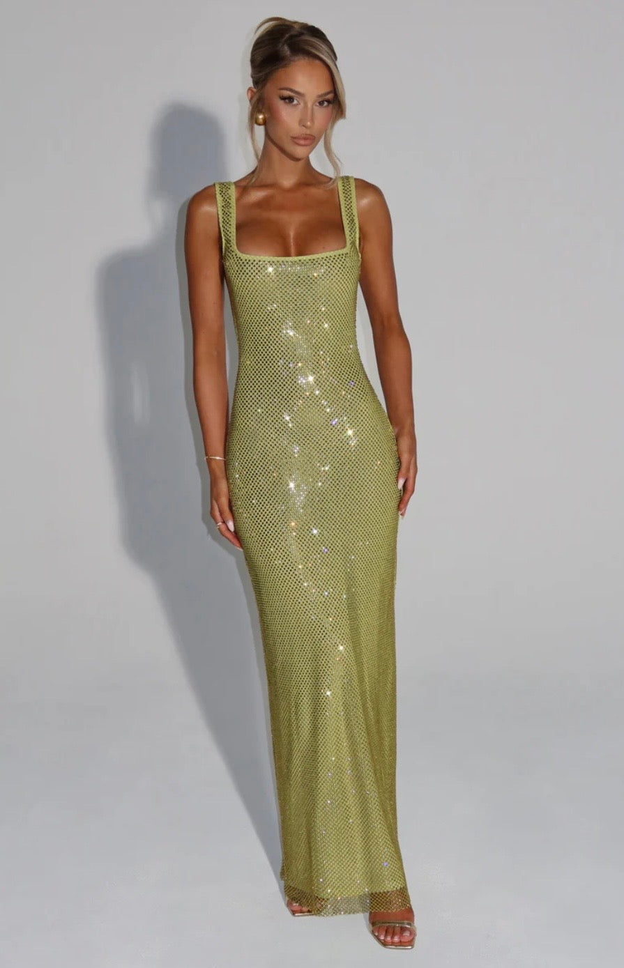 Olivia | Women's Square-Neck Crystal Mesh Embellished Maxi