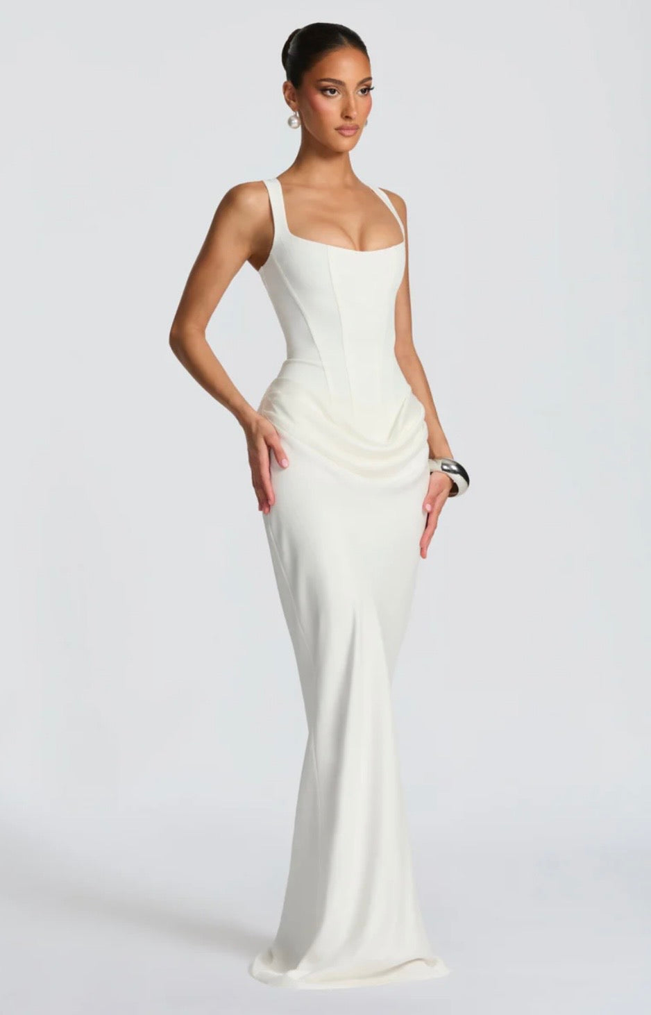 Nina | Women's Sculpted Crepe Cowl-Overlay Pleated Maxi Gown