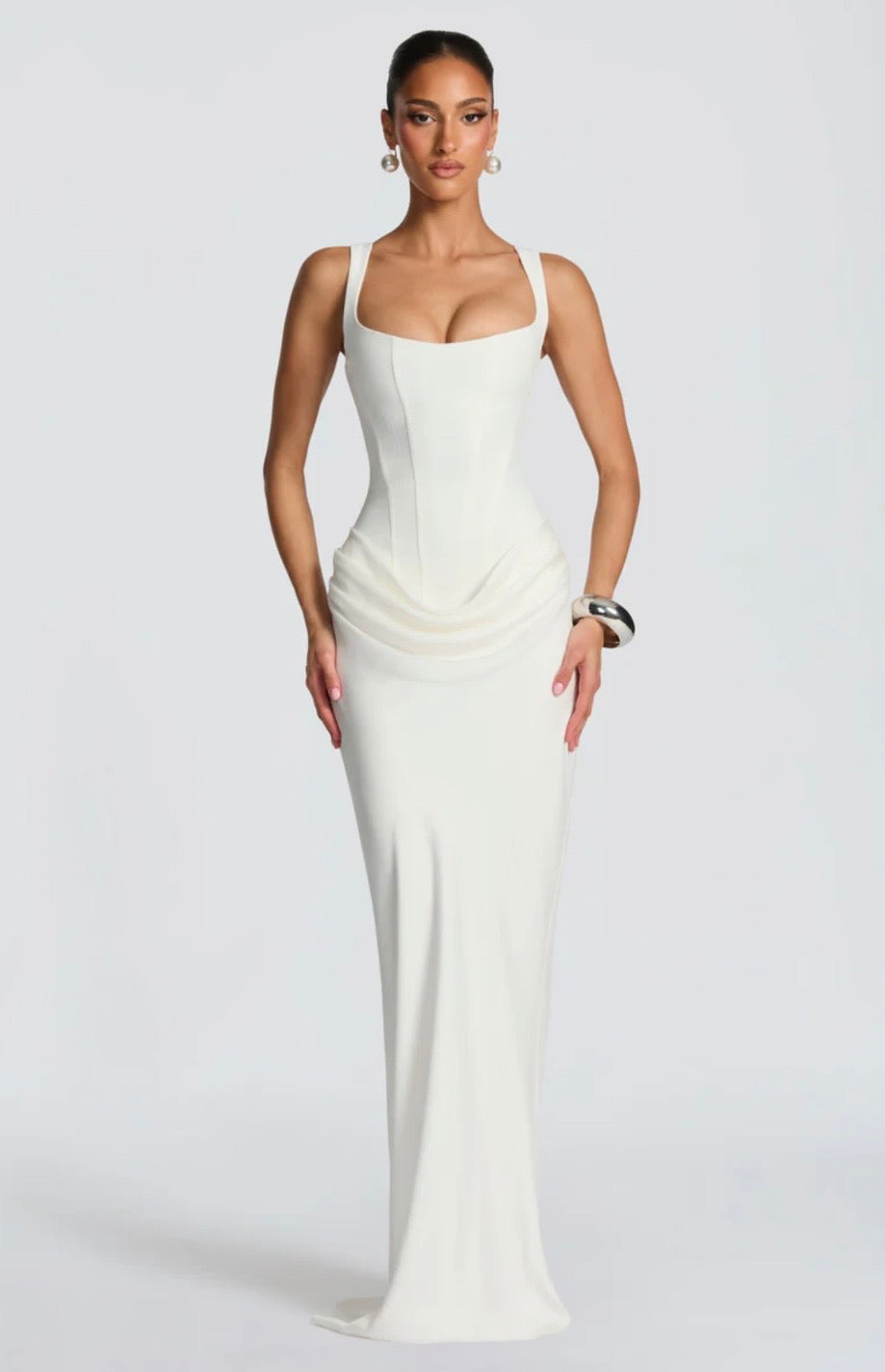 Nina | Women's Sculpted Crepe Cowl-Overlay Pleated Maxi Gown
