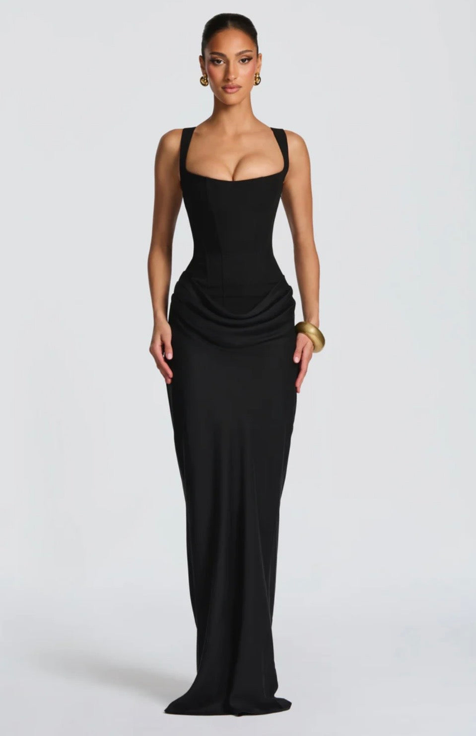 Nina | Women's Sculpted Crepe Cowl-Overlay Pleated Maxi Gown