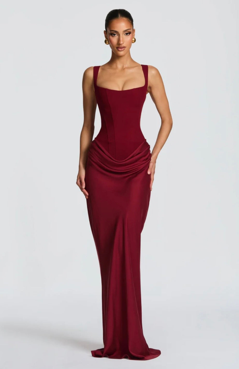 Nina | Women's Sculpted Crepe Cowl-Overlay Pleated Maxi Gown