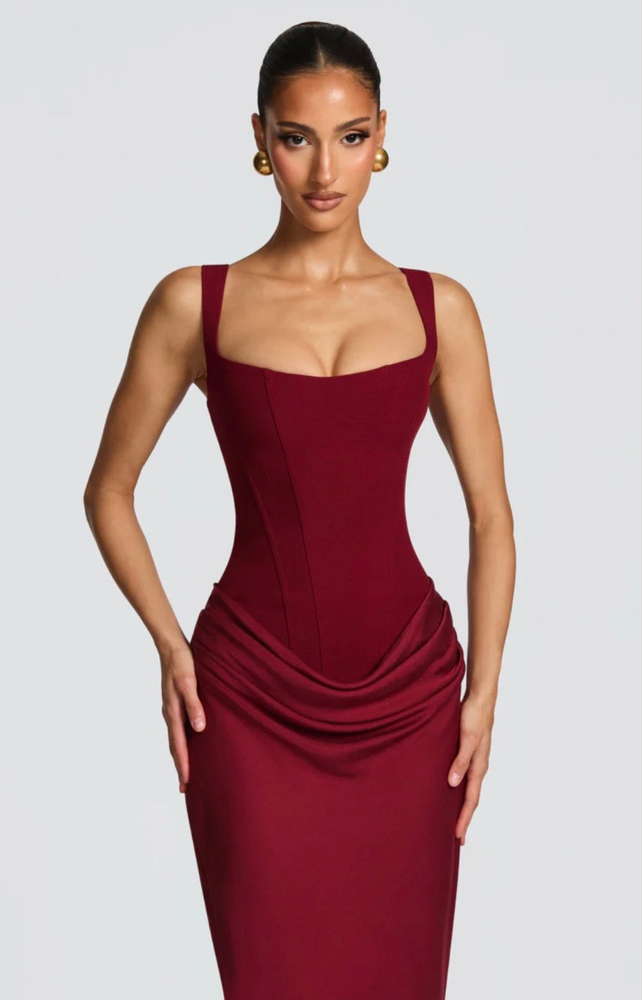 Nina | Women's Sculpted Crepe Cowl-Overlay Pleated Maxi Gown