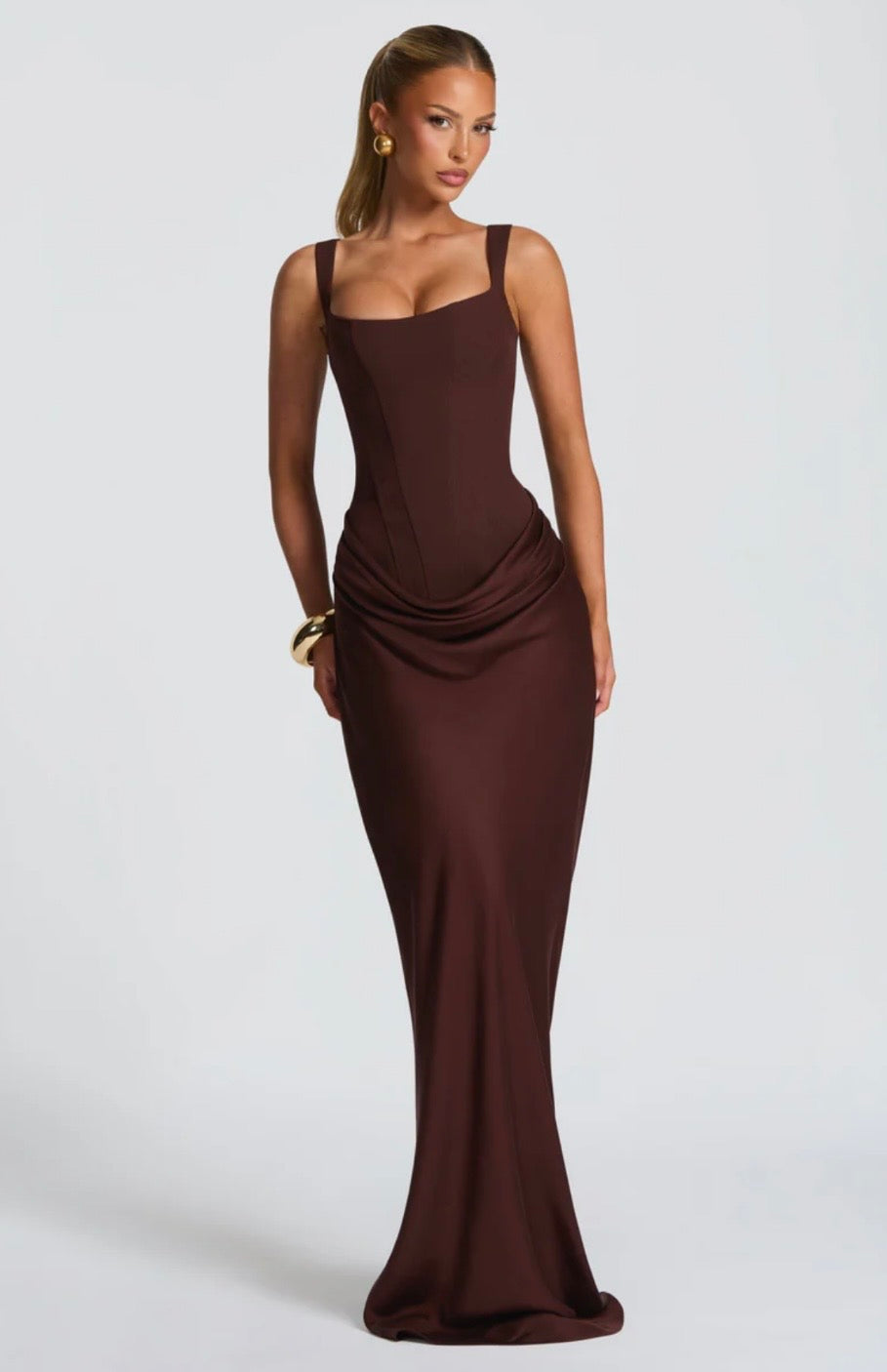 Nina | Women's Sculpted Crepe Cowl-Overlay Pleated Maxi Gown