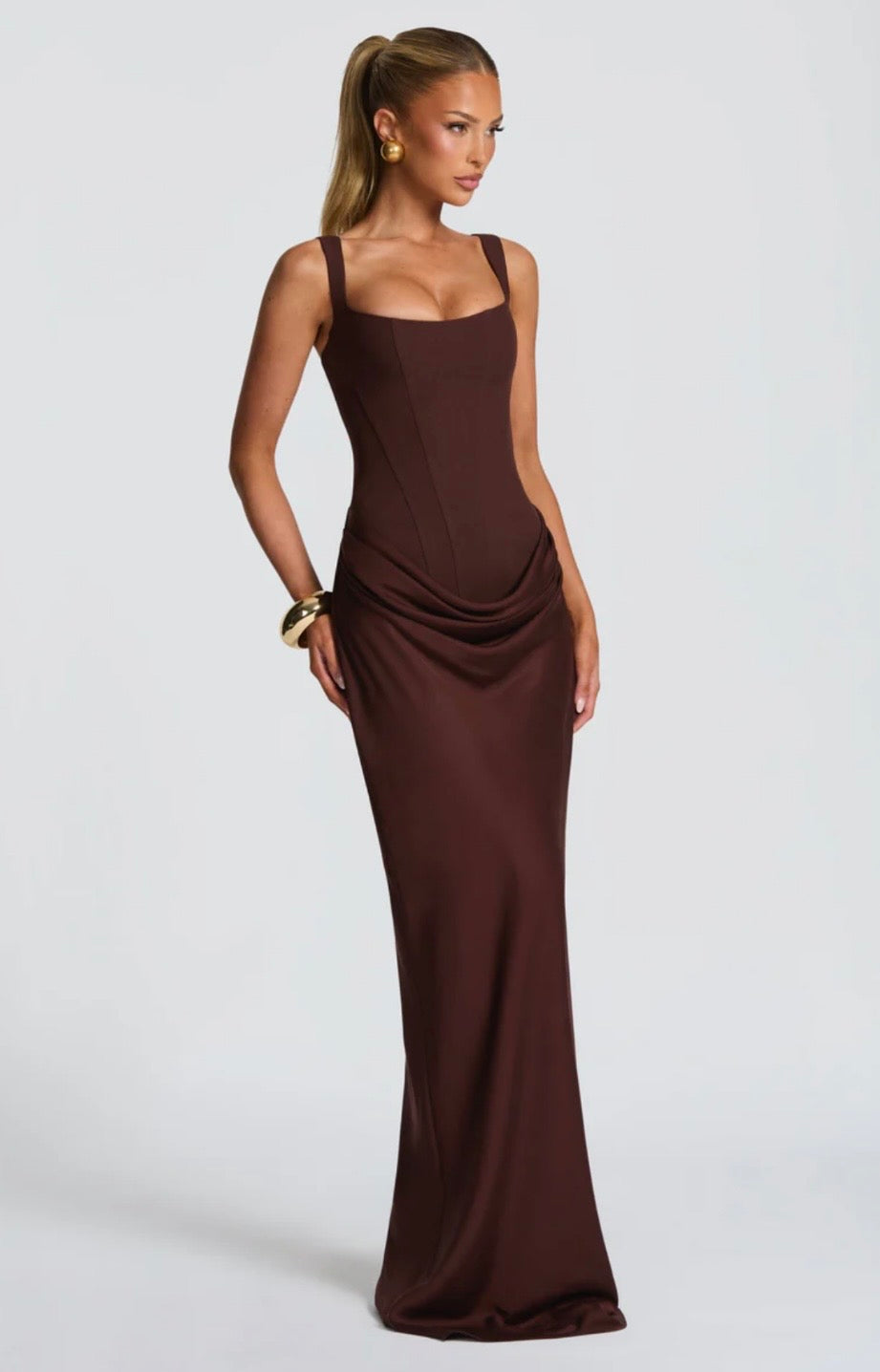 Nina | Women's Sculpted Crepe Cowl-Overlay Pleated Maxi Gown