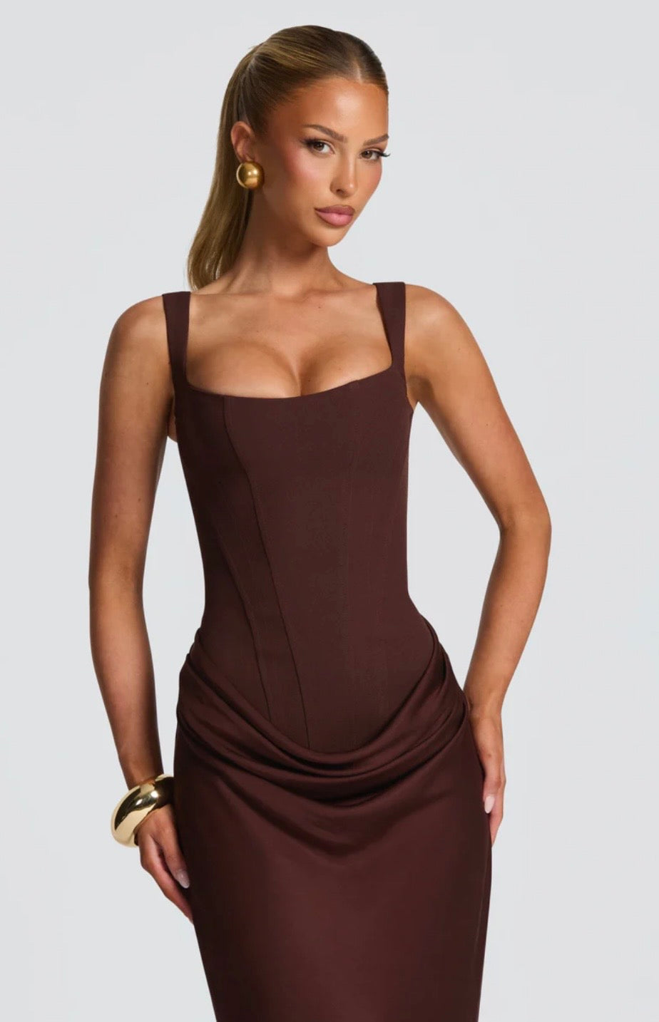 Nina | Women's Sculpted Crepe Cowl-Overlay Pleated Maxi Gown