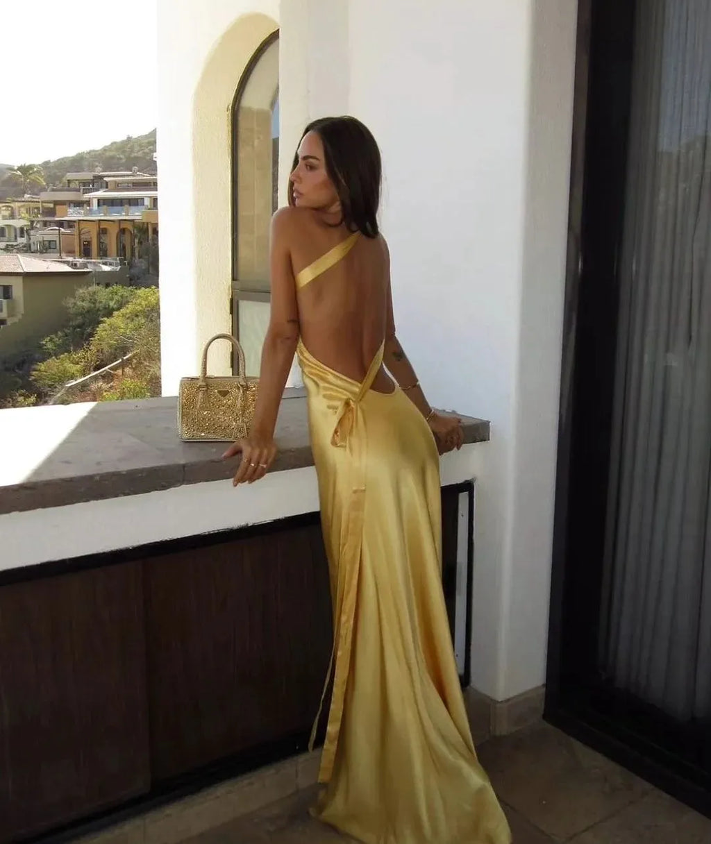Amara | Women's Open-Back Draped Satin Maxi Dress