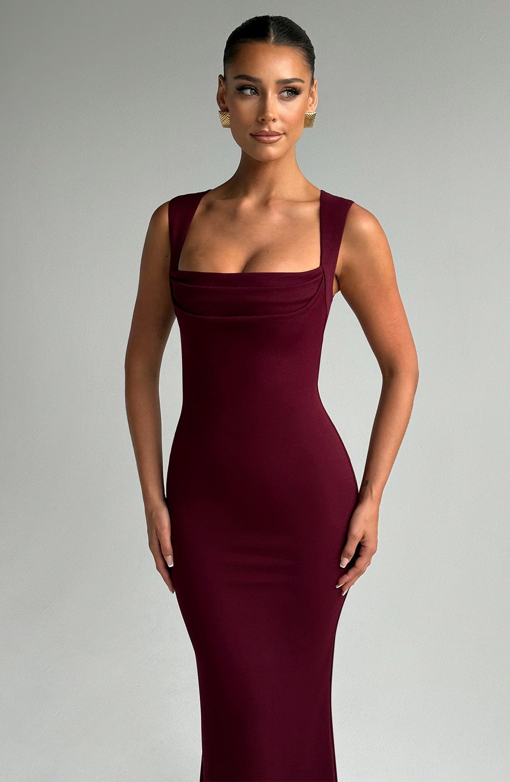 Grace | Women's Burgundy Draped Square-Neck Maxi Dress