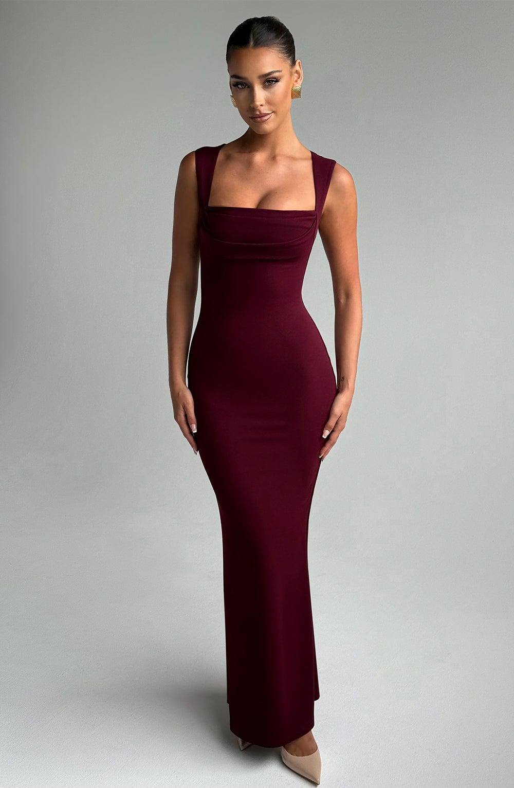 Grace | Women's Burgundy Draped Square-Neck Maxi Dress