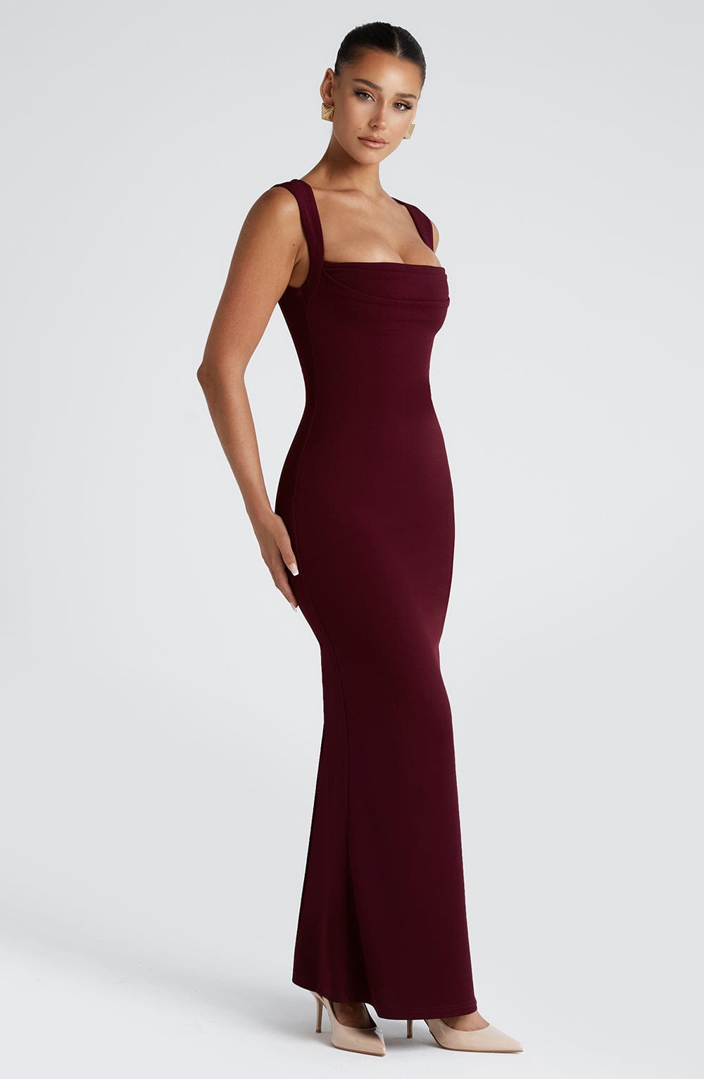 Grace | Women's Burgundy Draped Square-Neck Maxi Dress