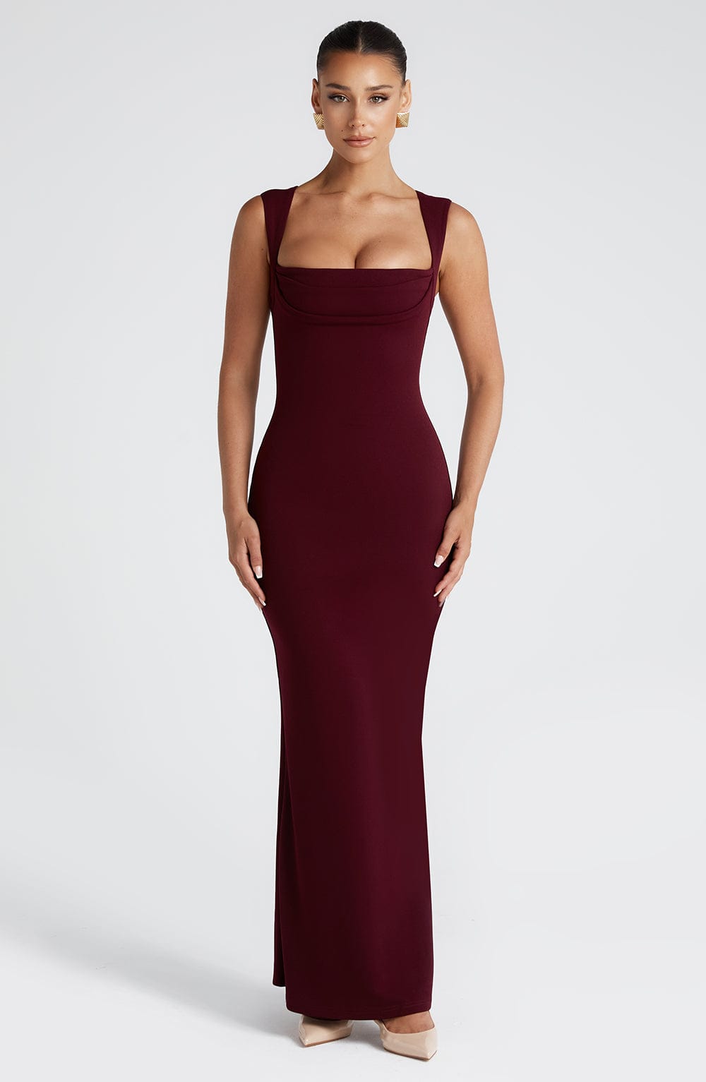 Grace | Women's Burgundy Draped Square-Neck Maxi Dress