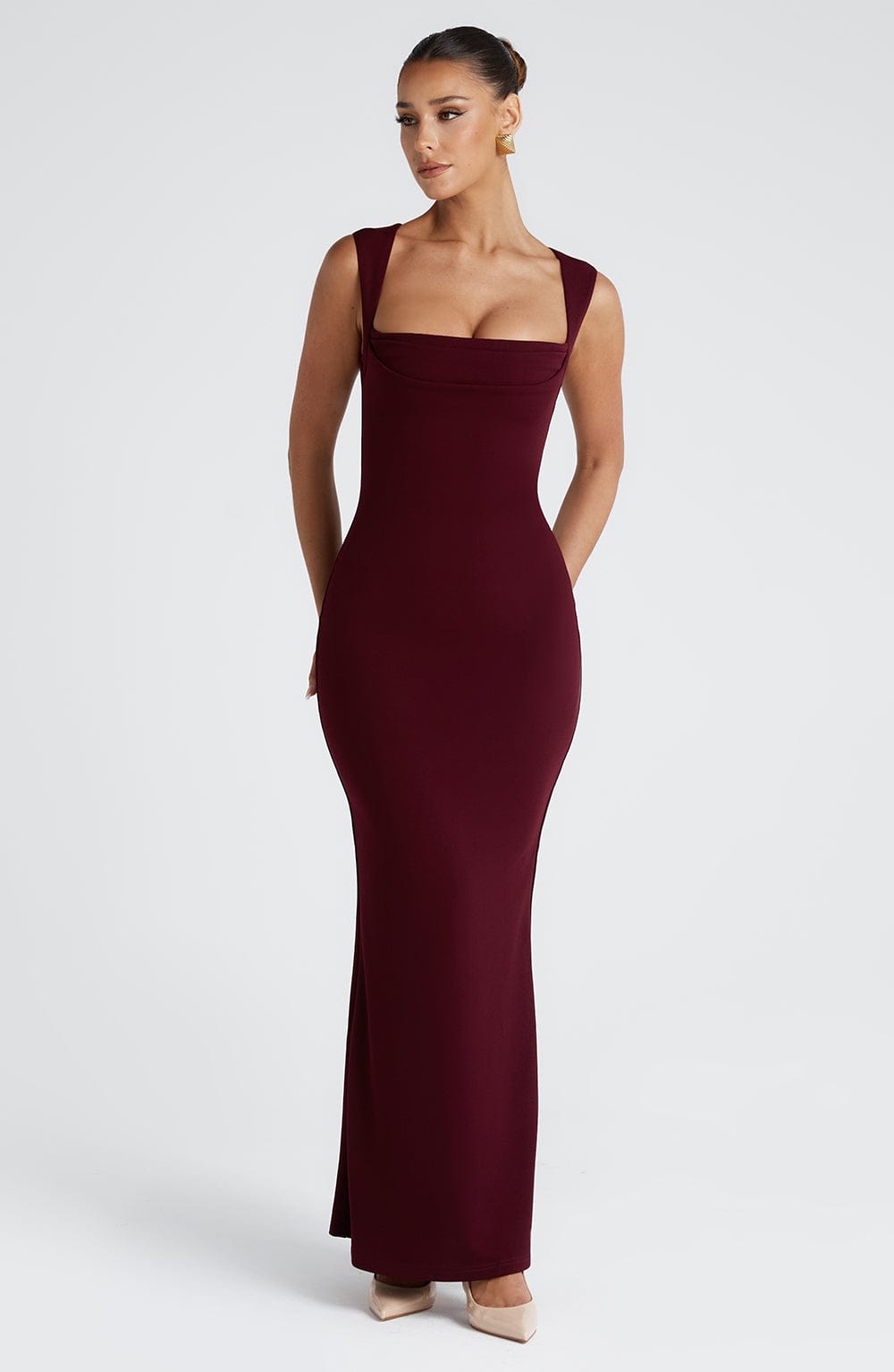 Grace | Women's Burgundy Draped Square-Neck Maxi Dress
