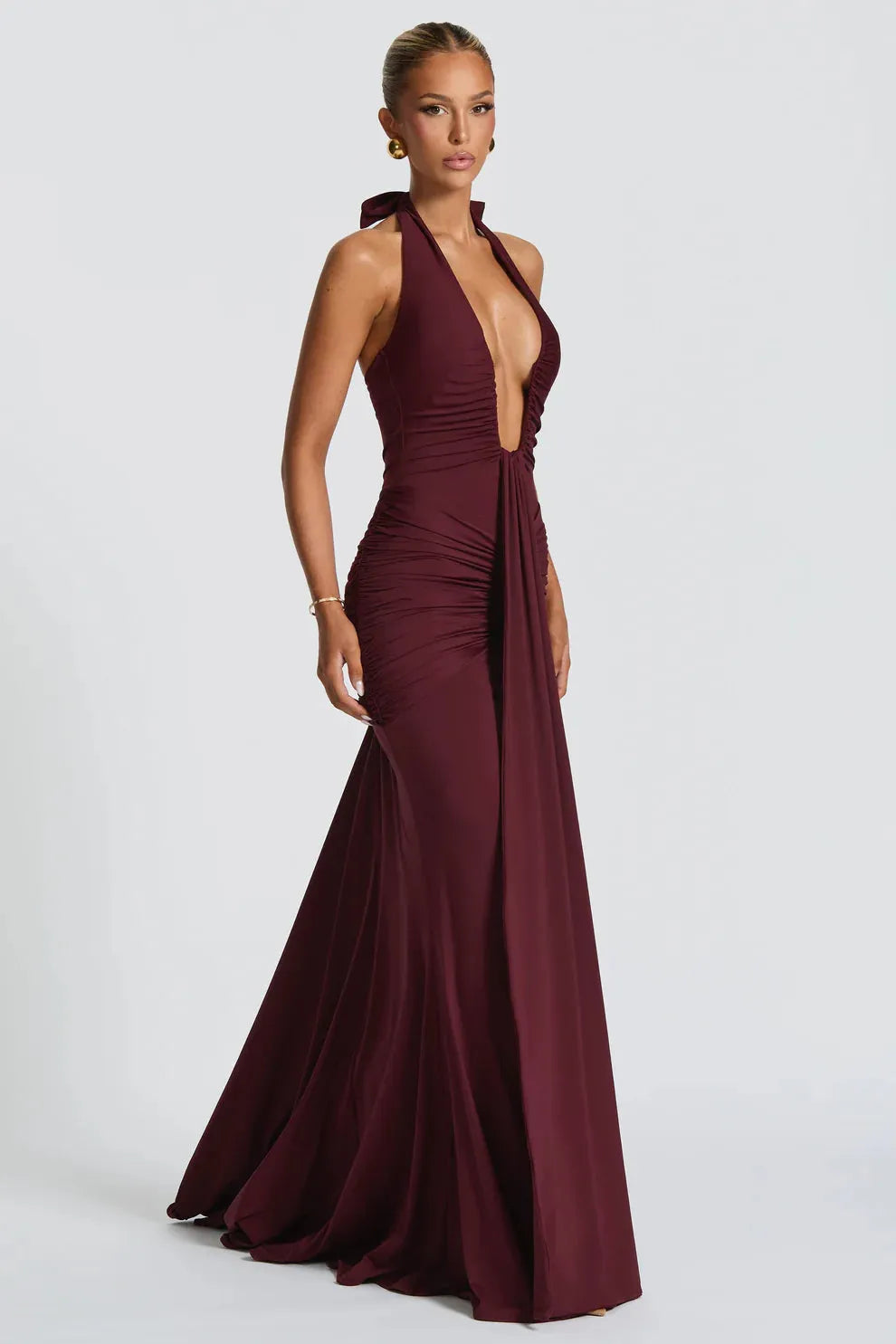 Bernadette | Elegant Plunging U-Wire Draped Jersey Maxi Dress